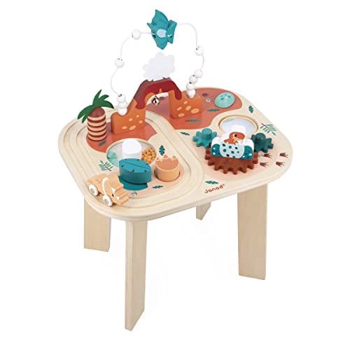 Janod- Dinosaure-8 Mesa de 8 Actividades Dinosaurio-Primera Infancia-Estímulo-Motricidad Fina y Destreza-Madera FSC-A Partir de 12 Meses, J05825, Multicolor, Medium (JURATOYS