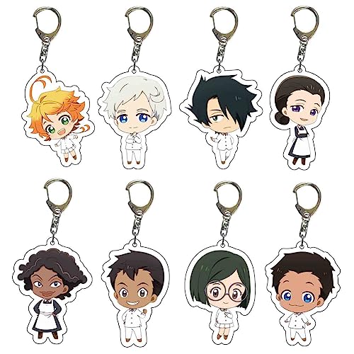 Jilijia 8 llaveros de acrílico con colgante de anime de The Promised Neverland de Emma/Norman/Ray, llavero de doble cara