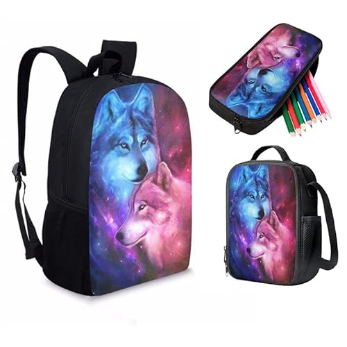 Jndtueit Mochila de dinosaurio para estudiantes de escuela secundaria, bolsa de almuerzo para niños, 3 unidades, mochila escolar para niños y niñas, Galaxy Wolf