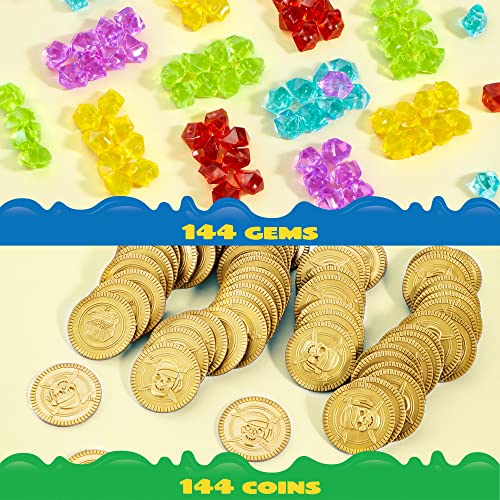 JOYIN 288pcs Monedas Doradas Piratas de Juguete para Niños de Halloween Fiesta Piratas Temáticas (144 Monedas + 144 Gemas)