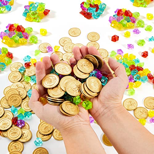 JOYIN 288pcs Monedas Doradas Piratas de Juguete para Niños de Halloween Fiesta Piratas Temáticas (144 Monedas + 144 Gemas)