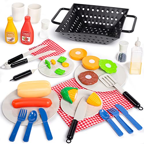 JOYIN 34 PCS Juego de Parrilla de Barbacoa de Juguete, El pequeño Chef Finge Jugar,Juego de Juguetes interactivos para Barbacoa de Juguete de Cocina para niños