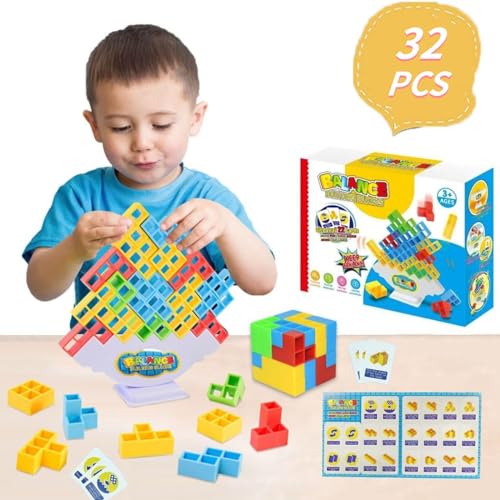 JoyJoyful Tetra Tower Balance Building Blocks, 32pcs Juguetes Niños 3 4 5 6 años, Juegos Montessori Educativos, Tetris Tower Game Juguetes Equilibrar Apilables, Juegos de Viajes Familiares Fiestas