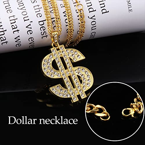 JSMTKJ Kit de Disfraces de Hip Hop, Hip Hop Rapper Accesorios Con Collar de Oro + Anillo de Dólar + Gafas de sol Doradas para Rapper Accesorios, fiesta de Carnaval(4pcs)