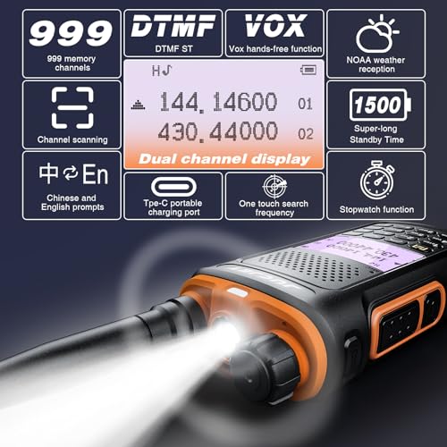 JUCJET UV-10 Walkie Talkie Profesional Recargables 1500mAh con Banda Dual 999 Canales，Cargador TPYE C, Radiocomunicación con el Auricular Incorporado Antorcha de LED（2 Piezas）