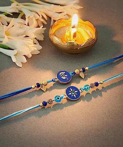 Juego de 2 Rakhi for Brother With Card Evil Eye Pendant for Raksha Bandhan Designer Rakhi Thread for Bhaiya, Metal