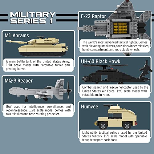 Juego de 5 bloques de construcción militares (665 piezas) F-22 Raptor, tanque M1 Abrams, helicóptero Black Hawk, Reaper UAV y camión militar Humvee modelos a escala para niños y adultos