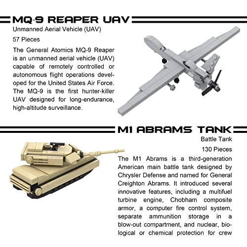 Juego de 5 bloques de construcción militares (665 piezas) F-22 Raptor, tanque M1 Abrams, helicóptero Black Hawk, Reaper UAV y camión militar Humvee modelos a escala para niños y adultos