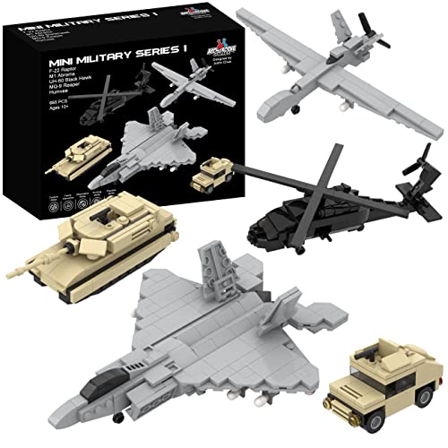 Juego de 5 bloques de construcción militares (665 piezas) F-22 Raptor, tanque M1 Abrams, helicóptero Black Hawk, Reaper UAV y camión militar Humvee modelos a escala para niños y adultos