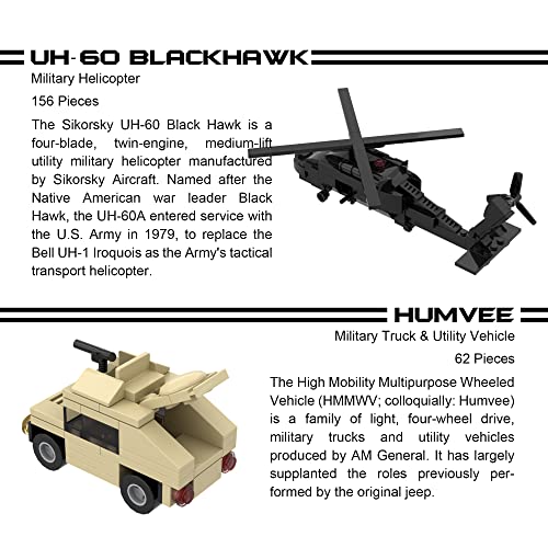 Juego de 5 bloques de construcción militares (665 piezas) F-22 Raptor, tanque M1 Abrams, helicóptero Black Hawk, Reaper UAV y camión militar Humvee modelos a escala para niños y adultos