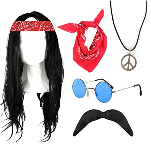 Juego de Accesorios Hippy para Adultos, Peluca Larga Negra, Gafas Azules Redondas, símbolo de Paz en el Collar, Tash Falso Negro y Bandana roja, Juego de Accesorios para