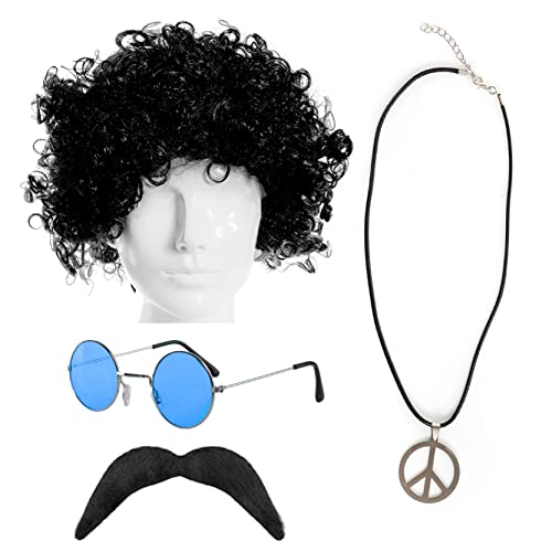 Juego de accesorios hippy para adultos, peluca rizada negra, gafas azules redondas, símbolo de paz en el collar y falso color negro, juego de accesorios para disfraz de paz y amor hippie para adultos