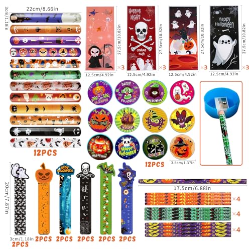 Juego de artículos de papelería de Halloween, 110 unidades para niños, juego de papel de carta con lápices, sacapuntas, reglas, pulsera de chupito, pegatinas de Halloween, regalos