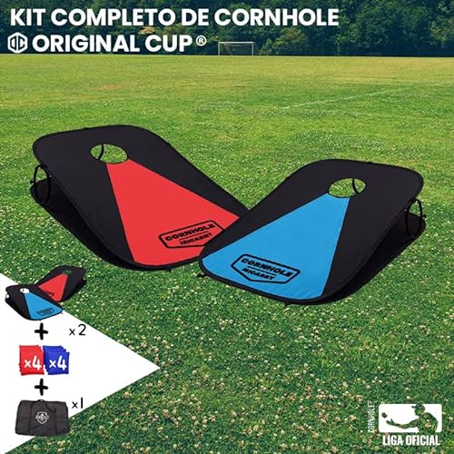 Juego de Cornhole Americano Original IziCarry Ligero y Plegable | Fácilmente Transportable | 100% Lona | 2 Tableros + 8 Bolsas + 1 Funda | Playa | Taza | OriginalCup®