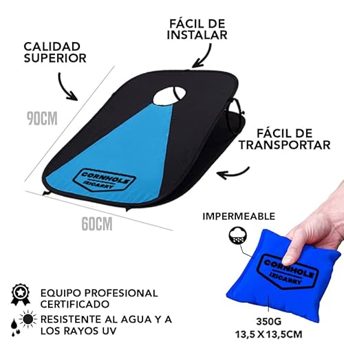 Juego de Cornhole Americano Original IziCarry Ligero y Plegable | Fácilmente Transportable | 100% Lona | 2 Tableros + 8 Bolsas + 1 Funda | Playa | Taza | OriginalCup®