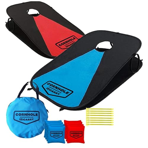 Juego de Cornhole Americano Original IziCarry Ligero y Plegable | Fácilmente Transportable | 100% Lona | 2 Tableros + 8 Bolsas + 1 Funda | Playa | Taza | OriginalCup®