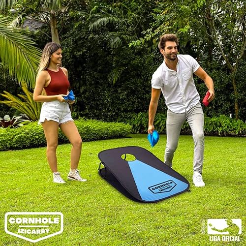 Juego de Cornhole Americano Original IziCarry Ligero y Plegable | Fácilmente Transportable | 100% Lona | 2 Tableros + 8 Bolsas + 1 Funda | Playa | Taza | OriginalCup®