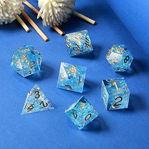 Juego de dados D&D, DNDND hecho a mano Sharp Edge 7 Troqueles con estuche de regalo para Dungeons DND y Dragon Game (Azuren con número dorado)