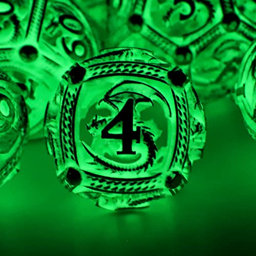 Juego de Dados DND, Glow in The Dark Dice D&D HNCCESG Metal Hollow Dice Dados Redondos poliédricos Luminosos para Mazmorras y Dragones Juego de rol MTG RPG Pathfinder (luz Verde Redonda)