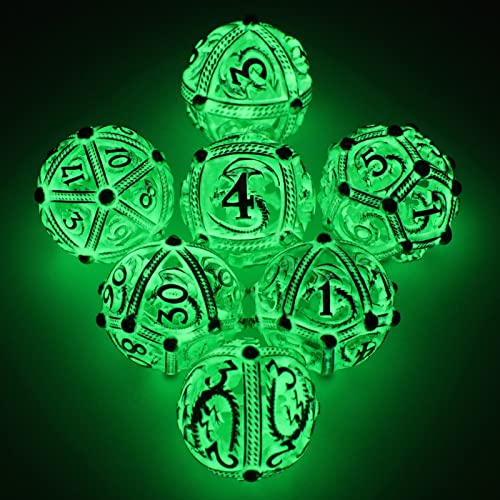 Juego de Dados DND, Glow in The Dark Dice D&D HNCCESG Metal Hollow Dice Dados Redondos poliédricos Luminosos para Mazmorras y Dragones Juego de rol MTG RPG Pathfinder (luz Verde Redonda)