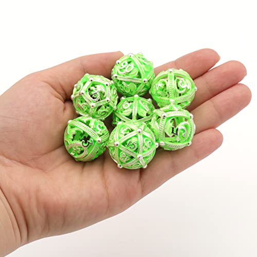 Juego de Dados DND, Glow in The Dark Dice D&D HNCCESG Metal Hollow Dice Dados Redondos poliédricos Luminosos para Mazmorras y Dragones Juego de rol MTG RPG Pathfinder (luz Verde Redonda)