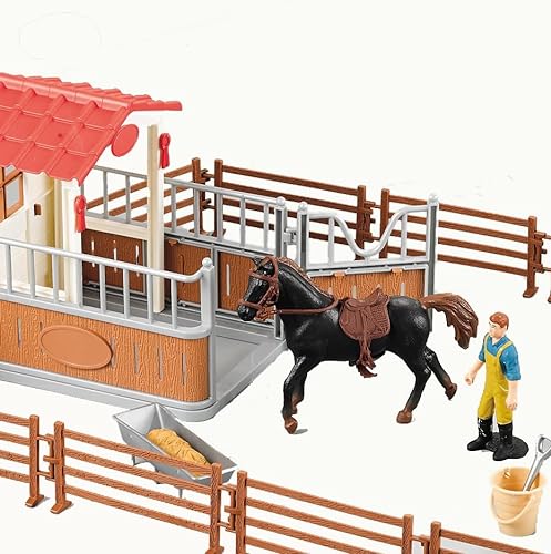 Juego de juego estable para caballos con figuras de juguete Fence Toy Figures Horse Stall Horse Barn Set para niños y niñas Edades de 3 a 8 años Antiguo (juego de juego horso)