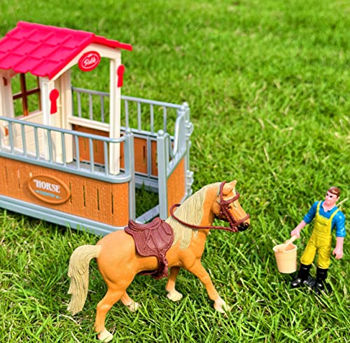 Juego de juego estable para caballos con figuras de juguete Fence Toy Figures Horse Stall Horse Barn Set para niños y niñas Edades de 3 a 8 años Antiguo (juego de juego horso)