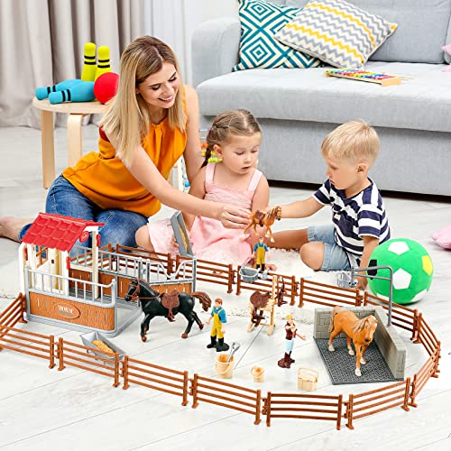 Juego de juego estable para caballos con figuras de juguete Fence Toy Figures Horse Stall Horse Barn Set para niños y niñas Edades de 3 a 8 años Antiguo (juego de juego horso)