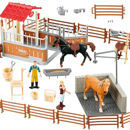 Juego de juego estable para caballos con figuras de juguete Fence Toy Figures Horse Stall Horse Barn Set para niños y niñas Edades de 3 a 8 años Antiguo (juego de juego horso)