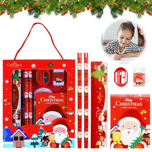 Juego de papelería de Navidad con 2 lápices niños, bloc de notas,regla de 15 cm, borrador, sacapuntas, juego de Navidad de lápices, adecuado para jardín de infantes de Navidad regalo favorito