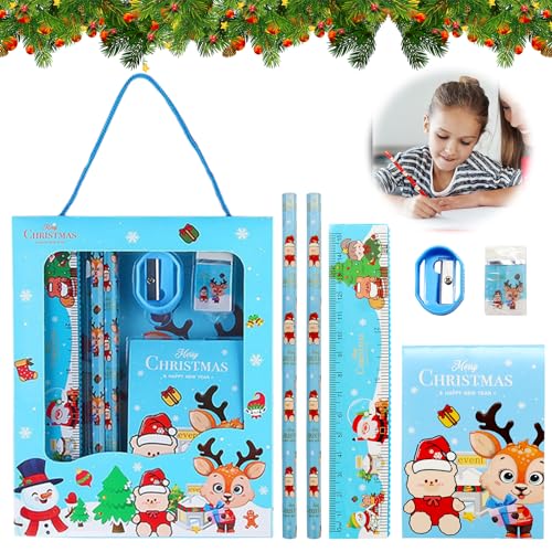 Juego de papelería de Navidad con 2 lápices niños, bloc de notas,regla de 15 cm, borrador, sacapuntas, juego de Navidad de lápices, adecuado para jardín de infantes de Navidad regalo favorito