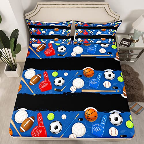 Juego de ropa de cama deportiva de juegos de pelota 3D para niños, niñas, adolescentes, baloncesto, fútbol, béisbol, geometría, azul, sábanas, costuras transpirables, tamaño King