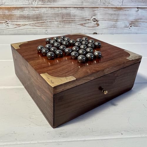 Juego de solitario clásico de madera compacto hecho a mano con bolas de acero inoxidable | 13 cm x 13 cm con cajón de almacenamiento | Juego de viaje