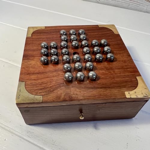 Juego de solitario clásico de madera compacto hecho a mano con bolas de acero inoxidable | 13 cm x 13 cm con cajón de almacenamiento | Juego de viaje