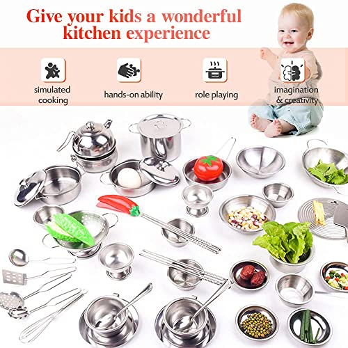 Juego de utensilios de cocina de acero inoxidable, juguetes de cocina, vienen con una práctica caja de almacenamiento, juguetes educativos para niños pequeños (41 piezas)