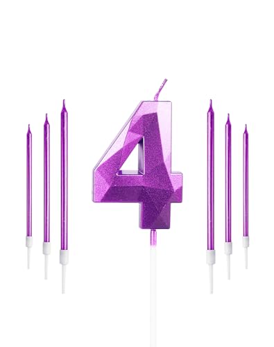 Juego de velas moradas de 4º cumpleaños, vela número 4 con velas largas moradas, velas de cumpleaños para pasteles, velas de cumpleaños, velas de pastel para niñas, mujeres, fiesta de cumpleaños, boda