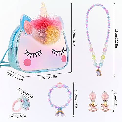 Juegos de Joyas para Niña, Victse Unicornio Bolso para Niña, Bolso Bandolera Niños con Collar Pulsera Anillo y Aretes Mi Primer Bolso para Vestir a Niñas Pequeñas y Juegos de rol Regalo (Blue)