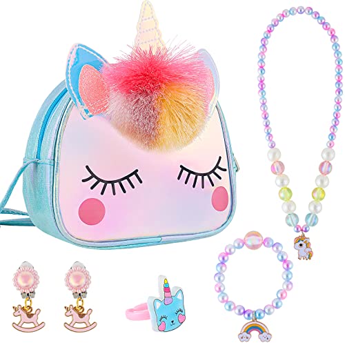 Juegos de Joyas para Niña, Victse Unicornio Bolso para Niña, Bolso Bandolera Niños con Collar Pulsera Anillo y Aretes Mi Primer Bolso para Vestir a Niñas Pequeñas y Juegos de rol Regalo (Blue)