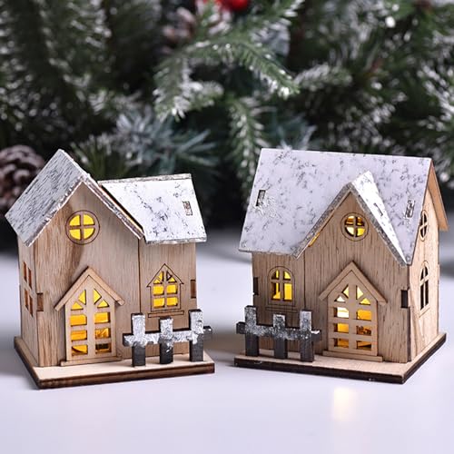 Juegos De Pueblos Navideños Casas De Pueblo Navideños 3 Piezas De Madera con Luz LED Escena De Pueblo Navideño Funciona con Pilas Mini Decoraciones De Casas Navideñas para Mesa Ventana Dormitorio