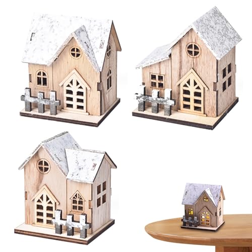 Juegos De Pueblos Navideños Casas De Pueblo Navideños 3 Piezas De Madera con Luz LED Escena De Pueblo Navideño Funciona con Pilas Mini Decoraciones De Casas Navideñas para Mesa Ventana Dormitorio