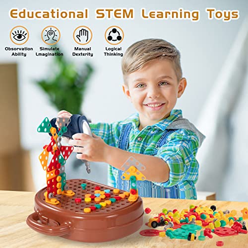 Juguetes Construcción Puzzles 3D Mosaicos con Taladro Eléctrico para Niños 3 4 5 6 7 Años, 205 Piezas Juegos de Mesa Montessori Herramientas Caja de Tornillo Educativos Rompecabezas Infantiles