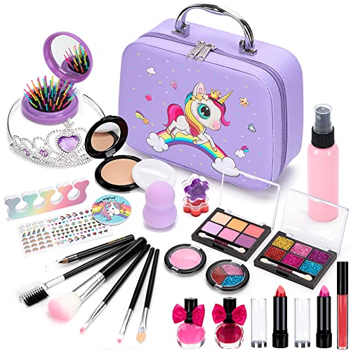 Juguetes de Maquillaje Lavables para Niños, Kit de Maquillaje Juego de Cosmético, Maletin Maquillaje con Unicornios Maleta, Regalo de Cumpleaños de Princesa para Niñas 4 5 6 7 8 10 12