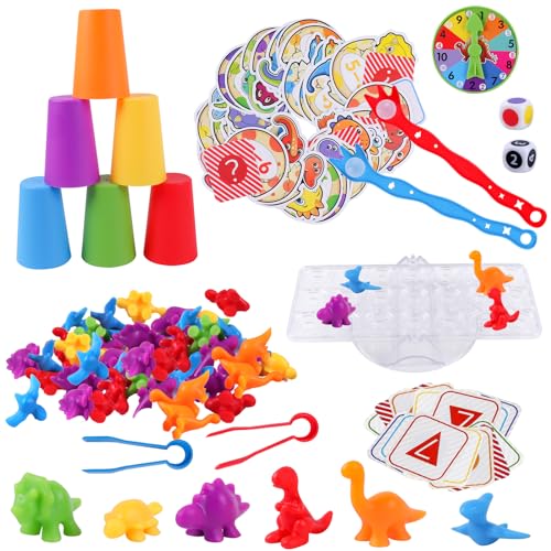 Juguetes Montessori, Juguete Educativos con Palma Lechón Copas Apilables Dados Clips y Tarjetas, Combinación de Colores Contando Juguetes de Dinosaurios para Niños 3 4 5 6 7 8 9 Años