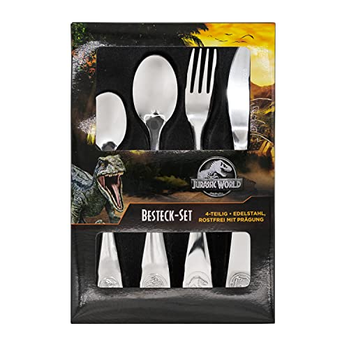 Jurassic World Juego de Cubiertos para Niños de 4 Piezas con Impresiones de Dinosaurios, Juego de Cubiertos de Acero Inoxidable con Cuchillo, Tenedor, Cuchara Sopera y Cuchara de Postre