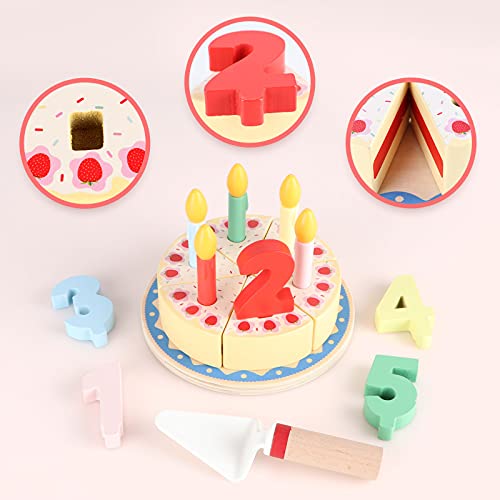 KABENFIS Corte de Madera Pastel de cumpleaños Juguetes Juego de Comida DIY Juego de simulación con Velas para niños y niñas