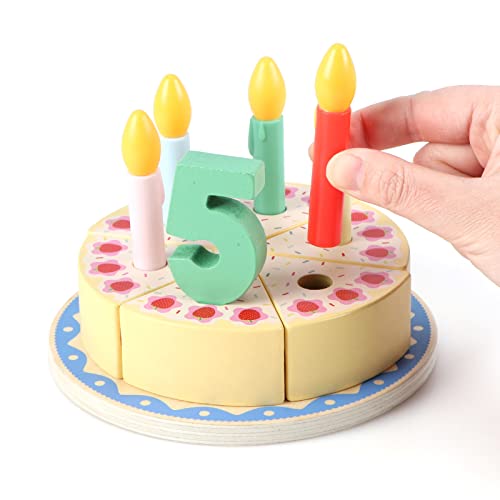 KABENFIS Corte de Madera Pastel de cumpleaños Juguetes Juego de Comida DIY Juego de simulación con Velas para niños y niñas