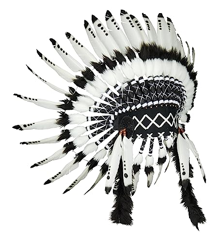 KARMABCN X08 - Sombrero Indio de Plumas Blancas y Negro Indio de la Pluma, Estilo del Nativo Americano. Warbonnet