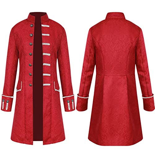 KEIZHUONIQIU Chaqueta gótica steampunk para hombre, disfraz medieval, chaqueta de uniforme de longitud media, abrigo renacentista, parka, cortavientos, para carnaval con capucha, rojo, XXL