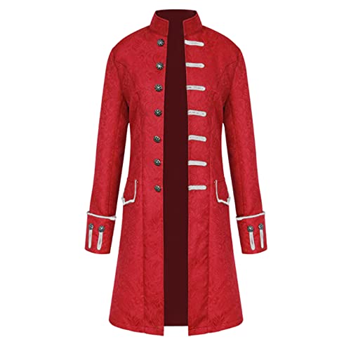 KEIZHUONIQIU Chaqueta gótica steampunk para hombre, disfraz medieval, chaqueta de uniforme de longitud media, abrigo renacentista, parka, cortavientos, para carnaval con capucha, rojo, XXL