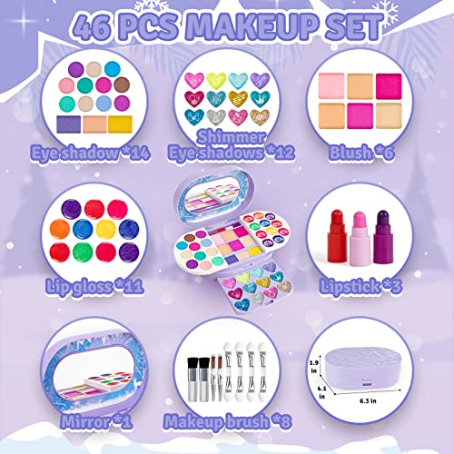 KIDCHEER Maquillaje para Niñas, Estuche Maquillaje Niña Real, Lavables, Seguridad No Tóxica, Juego de Maquillaje de Princesa para Niñas de 3 4 5 6 7 8 Años, 46